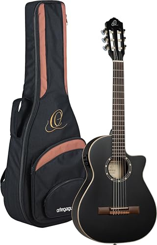 Ortega Guitars Family Series 3/4 E-Akustik Konzertgitarre - Fichte Schwarz | Nylonsaitengitarre, Slim Neck, Fichtendecke & Thinline Mahagoni-Korpus Satin-Finish, inkl. Pro-Gigbag, RCE125SBK-3/4