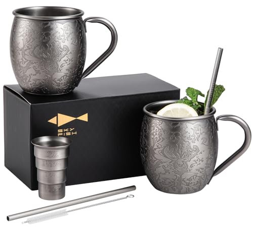 SKY FISH Tasses à Moscow Mule, Ensemble de 2 Verres à Cocktail Embossés en 3D, Tasses à Vin en Acier Inoxydable de 500ml, Laver à la Main Uniquement (Grise Brossée)