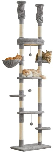 Quuzee Floor to Ceiling Cat Tree, 7 Tiers Cat Tower, Adjustable 234-258cm with Hammock,Platforms and Sisal-Covered Scratching Posts for Indoor Cats,Light Grey