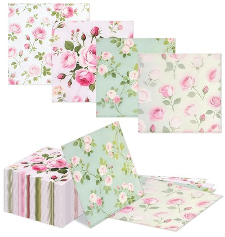 Kotkiddy 40 Frühlings Servietten 33x33cm Vintagerosen Papier Vintage Rose Floral 4 Muster Garten Picknick Tea Party Tischdeko