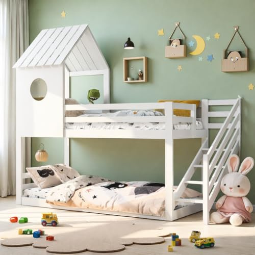 Hoscullo Etagenbett 90x200 cm, Hochbett mit Treppe, Doppelstockbetten mit rausfallschutz, Kinderbett Holzbett mit Fenster und Dach, Hausbett mit Lattenrost,Wackelsicher und Kippgeschützt, Weiß