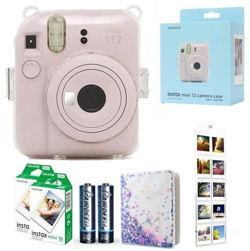 Fujifilm INSTAX Mini 12 Camera Blossom Pink id Bundle – Includes Mini 12 Pink Camera, 20-Shot INSTAX Mini Film, Clear Glitter Camera Case, Photo Album & Hanging Wall Photo Display