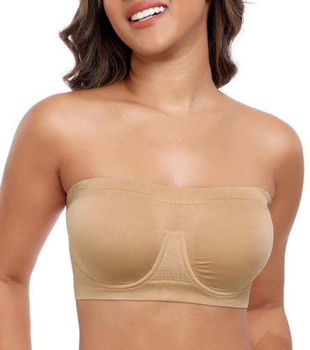 DotVol Women's Unpadded Wired Strapless Multiway Bandeau Bra(Beige,M)