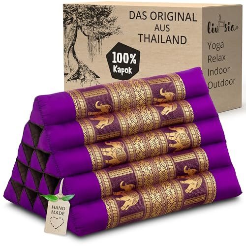 livasia Rückenstützkissen extrahoch mit Thaiseide - 38x55x35cm - Dreieckskissen für Garten/Balkon, Keilkissen mit Kapok, handgefertigt, Meditationskissen (Lila/Elefanten Seide)
