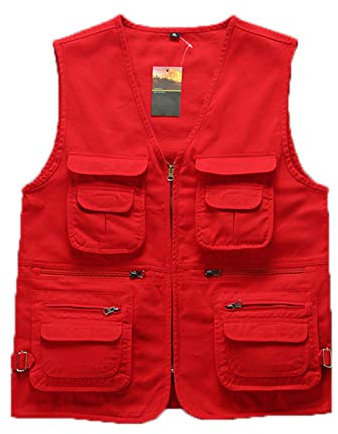 WSLCN Herren Outdoor Weste Multi Taschen Baumwolle Angelnwesten Multifunktional für Jagd Angeln Camping Sport Fotografie Rot DE M(Asie XL)