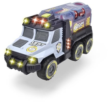Dickie Toys Money Truck, Geld Transporter, mit Geheimfach & abnehmbaren Safe mit Spardosenfunktion, Tonsignal bei Münzeinwurf, Licht & Sound, inkl. Batterien, 35 cm groß, blau/grau