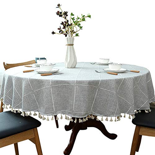 schwere Baumwolle Leinen Tischdecke, rundes, Kariertes Quaste Tischtuch für Küche Esszimmer Tischdekorationen, Durchmesser - 200cm, grau