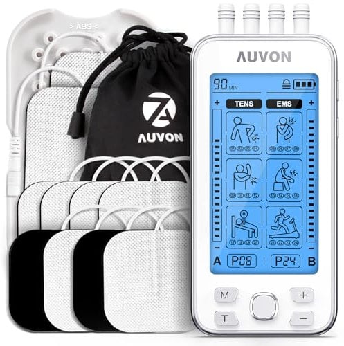 AUVON 4 Outputs TENS Machine for Pain Relief, TENS EMS Muscle Stimulator with 24 Modes, 2 and 2x4 TENS Electrodes Pads