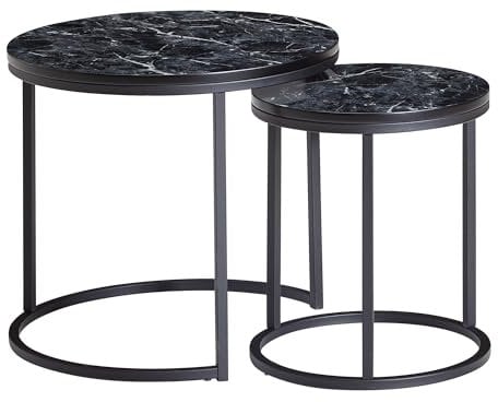 Wohnling Design Beistelltisch 2er Set Schwarz Marmor Optik Rund, Couchtisch 2-teilig Tischgestell Metall, Kleine Wohnzimmertische, Moderne Satztische