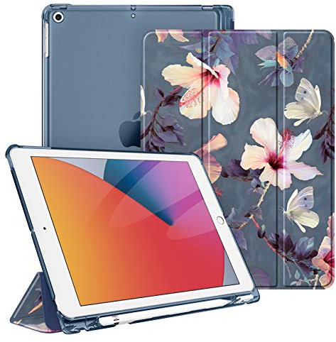 Fintie Funda Compatible con iPad 10,2 2021/2020/2019 (9.ª, 8.ª y 7.ª Gen) con Soporte Integrado para Pencil - Trasera Transparente Carcasa Ligera Auto-Reposo/Activación, (Z-Hibisco)