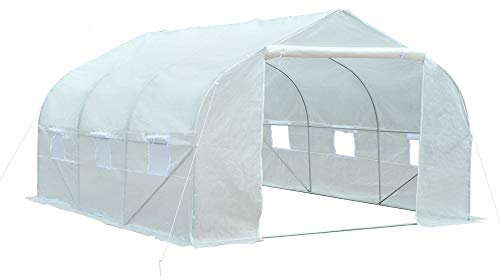 Outsunny Serre Tunnel de Jardin 13,31 m² dim. 4,5L x 3l x 2H m Porte + 6 fenêtres enroulables Acier galvanisé bâche PE Haute densité Blanc
