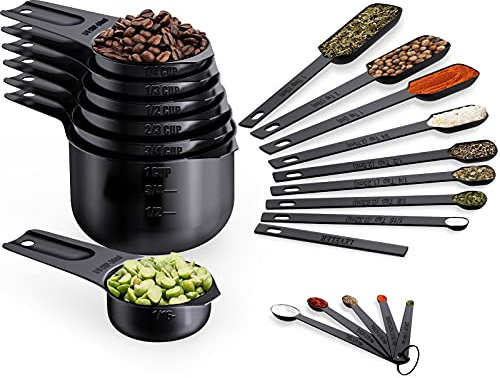 Wildone Black Measuring Cups & Spoons Set of 21 - Includes 7 Stainless Steel Nesting Measuring Cups, 8 Measuring Spoons, 1 Leveler & 5 Mini Measuring Spoons, Ideal for Dry & Liquid Ingredients