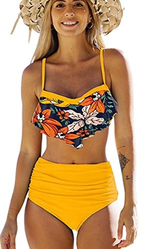 JFAN Femme Maillot De Bain 2 Pièces Push Up Vintage Taille Haute Volants Bottom Ruched Deux Pièces Bikini Jaune L