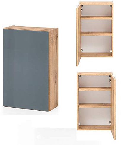 Lomadox Badezimmer Hängeschrank in Wotaneiche Nb. mit Glasfront grau, B/H/T: ca. 40/64/20 cm