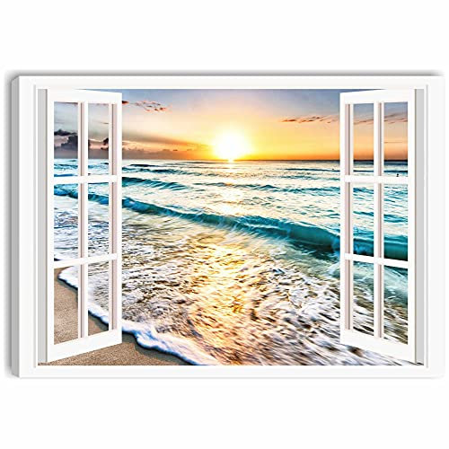 Quadri L&C ITALIA Quadro Tramonto Finestra 2 - Stampa su Tela con Mare 100 x 70 per Soggiorno Camera da Letto Cucina Arredamento Ufficio Canvas da Parete con Paesaggio Marino