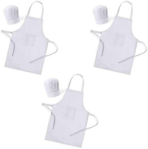 Set 25 Delantales infantiles + Gorros de Cocina en color blanco con bolsillo - Delantal para Niños y Niñas Juveniles en material Non-Woven y Talla Única (25)