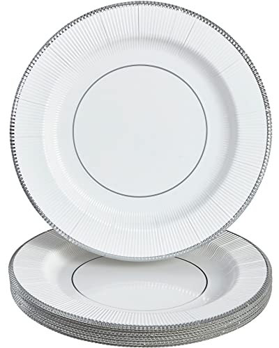 DISPOSABLE ROUND RIPPLED RIM CHARGER PLATES - 10 PC - White/Silver
