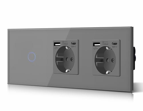 BSEED Lichtschalter mit Steckdose Doppelt 3 in 1 Steckdose + 2.1A USB Ladeleistung + Type C Adapter, 1 Fach 2 Weg Lichtschalter Glasscheibe Schalter mit LED Hintergrundbeleuchtung 228mm Grau