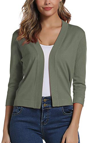 EXCHIC Femmes Elegant Manches 3/4 Ouvert Devant Boleros Cardigan Gilet (S, Claire Olive Vert)