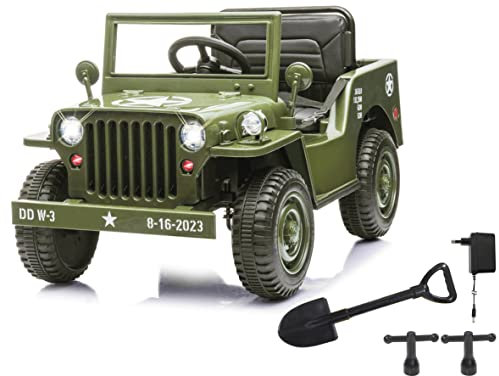 Ride-on Jeep Willys MB Army 12 V – Démarrage Doux, Coffre, Pelle Amovible, Port USB, Bluetooth, Voiture électrique