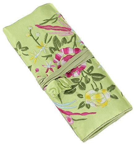 Lidwot Light Green Multipurpose Silk Jewelry Organizer Roll - Vintage Embroidery Case for Travel/Daily/Events,Foldable Zipper Pocket for Rings and Necklaces,Luxurious Compact