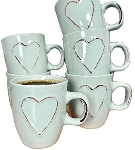 Darthome Love Heart Espresso Cups 100ml Set of 6 Stoneware Country Coffee Mugs Gift (Blue)