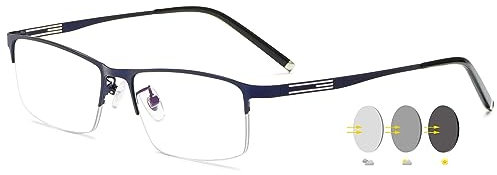 VEVESMUNDO Selbsttönende Brillen Blaulichtfilter Photochrome Sonnenlesebrille Metall Halbrandbrille mit Sonnenschutz für Herren Damen (1 Stück Blau Photochrome Brille, 0)