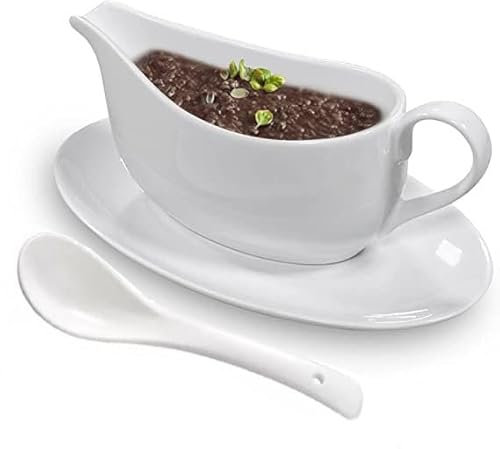 Qlans Gravy Boat With Ladle and Saucer 17 Oz,Ceramic Sauce Boat with Tray for Salad Dressings Milk,Warming Sauces,Creamer,Broth,Black Pepper,White (1 PCS New Gravy Boat With Ladle and Saucer)