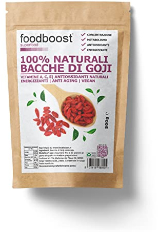 Foodboost Bacche di Goji 500g – 100% naturali da Coltivazioni Selezionate – Senza conservanti e additivi – Naturalmente ricche di Antiossidanti vitamina A, vitamina E, Omega 3, Calcio, Ferro, Zinco