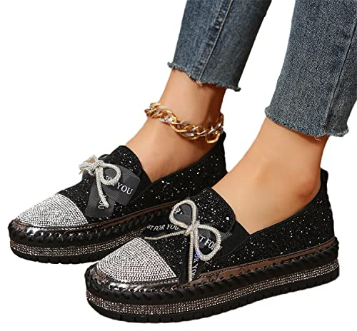 EGSDMNVSQ Damen Pailletten Slip On Sneaker Strass Glitzer Loafer Stilvolle Weiche Canvas Sneaker Plattform Turnschuhe Atmungsaktive Freizeitschuhe Mode Flache Wanderschuhe