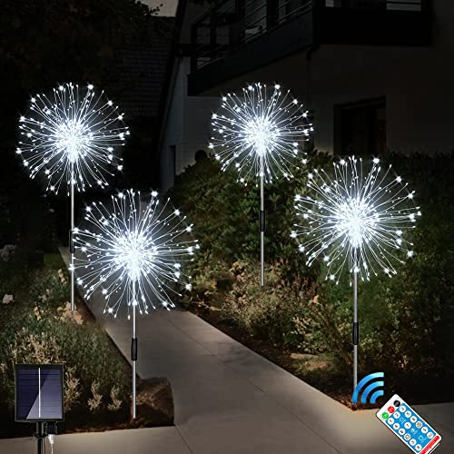 Joysing Gartendeko Solar Gartenleuchte Außen, 4 x 120 LED Solar Feuerwerk Lichter mit Fernbedienung, 8 Modi Gartenstecker Solar Lichter Wasserdicht Solarlampen für Garten Terrasse Deko kaltweiß