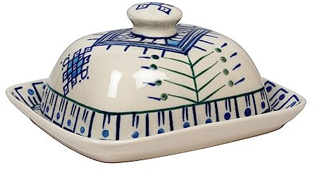 Gall&Zick Beurrier avec couvercle, fabriqué à la main, en céramique, pour un beurre normal de 250 g, peint à la main, passe au lave-vaisselle, motif floral blanc et bleu