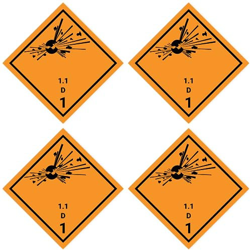 Aufkleber: 100x100 mm, 4 Stück - Gefahrzettel - Gefahrgutklasse - Klasse 1.1 - Verträglichkeitsgruppe D - explosive Stoffe - ADR/GHS/DGR/UN Sicherheitspiktogramm
