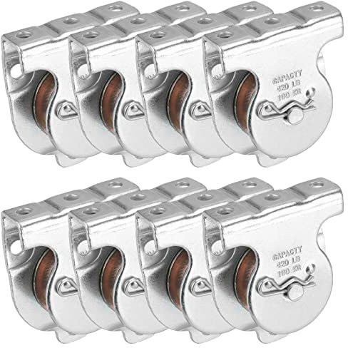 DAKFOOK Paquete de 8 poleas individuales de montaje en techo de 1-1/2 pulgadas, poleas chapadas en zinc para cable de alambre o cuerda de 3/8 pulgadas, carga de trabajo de 420 libras, tornillos