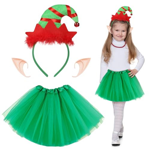 HONMOK 3 Stück Weihnachtself Kostüm Kinder Wichtel Mädchen Mit Grün Tutu Rock, Haarreif und Elfenohren - Weihnachtskostüm Elfen für Weihnachtsfeier, Xmas Party, Karneval, Fasching