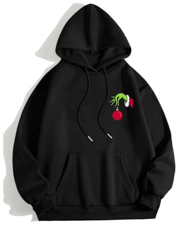 Weihnachtspullover Damen Grinch, Weihnachten Pullover Kapuzenpullover Rundhals Grinch Drucken Sweatshirt mit Tasche Casual Pulli Langarmshirt Pullover Herbst Winter Festlich Hoodie Oberteile