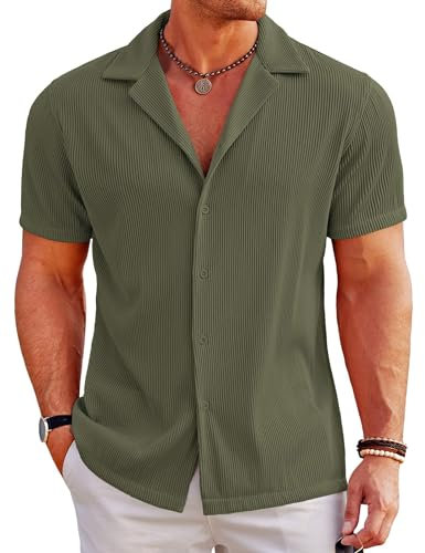 COOFANDY Camisas Hombre Manga Corta Regular Fit Camisas Verano Camisa Casual Hawaiana Camisa Playa Verde Oliva L