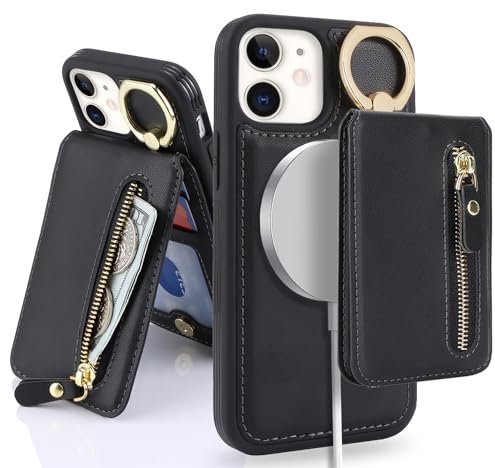 SailorTech iPhone 12 Mini Phone Leather Case with Credit Card Holder Magsafe, iPhone 12 Mini Case Ring Stand with Kickstand Card Slots Wallet Detachable 2-in-1 Zipper Case - Black