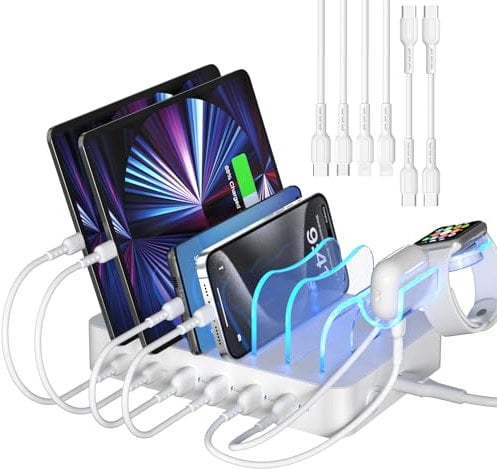 SooPii USB C Ladestation mit Zwei 20W PD Anschlüssen, 6 Port Ladestation für mehrere Telefone, Tablets und mehr, 2 in 1 Halterung für IWatch-Ladegerät und Air pods bereit