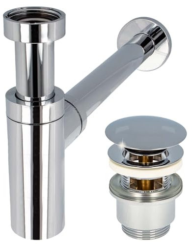 tecuro Siphon extra lang mit Pop Up Ablaufventil verchromt - Universal Set für Waschtisch/Waschbecken