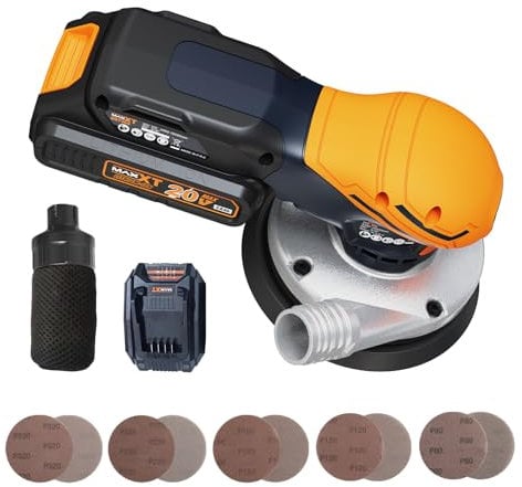 MAXXT 125MM Levigatrice Orbitale a Batteria 20V(2.0Ah), Levigatrice Roto Orbitale Brushless 2.5MM, 10 Carta Abrasiva, Raccoglipolvere(28MM), Batterie e Caricabatterie, 4000-10000/RPM