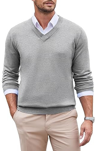 COOFANDY Herren Pullover V Ausschnitt Feinstrickpullover Business Strickpullover Langarm Pullover Männer Winterpullover Warmer Sweater Einfarbig Hellgrau L