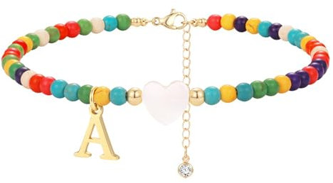 FUNEIA Fußkettchen für Damen Bunte Perlen Fussketten für Frauen Wasserfest Herz Buchstaben Anhänge Fußkette Boho Handgefertigt Verstellbar Fußkettche Kinder Mädchen Sommer Strand Fußschmuck Geschenke