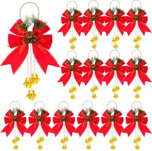Yuxung 20 Stück Weihnachtskranz-Schleifen mit Glöckchen, 30,5 x 12,7 cm, Weihnachtsbaumspitze, Schleife, Tannenzapfen, Samt, Weihnachtsdekoration, hängende Ornamente für Küchenschrank,