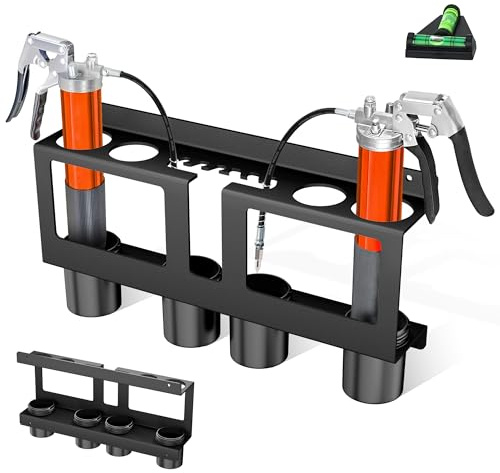 Grease Gun Holder,Grease Gun Rack Wall Mount Compatible with 2 Grease Guns,Grease Gun Storage with Removable Drip Cups &Spare Grease Tube Holder for Workshop, Garage