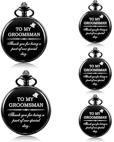 SIBOSUN Taschenuhr mit Gravur für Hochzeit, mit feiner Krawattenklammer, Taschenuhr für Trauzeugen/Trauzeug/Bräutigam mit Kette, Quarz-Vintage-Taschenuhren, Geschenkbox für Herren, Schwarz, 6. 5 x