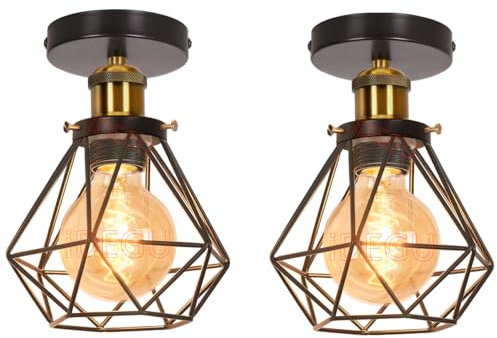 iDEGU 2 Stücke Deckenleuchten 16cm Industrial Deckenlampe aus Metall Lampenschirm Geometrischer Käfig Retro Kronleuchter E27 Fassung Vintage Pendelleuchte für Flur Eingang Küche Schlafzimmer (Bronze)