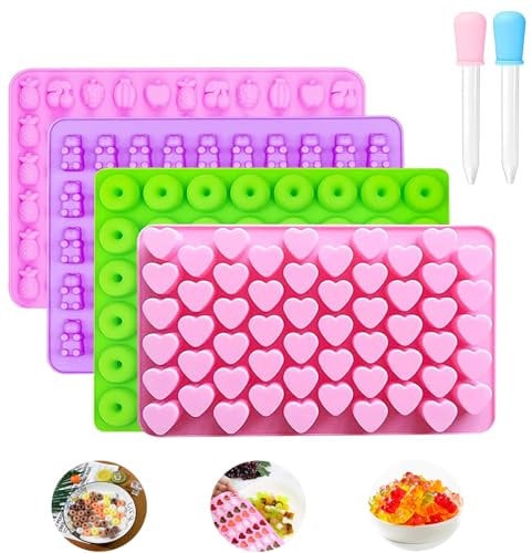 Silicone Gummy Candy Molds 4Pcs Silicone Chocolate Mould Jelly Trays Mold Set Reusable Candy Baking Mold Contains Small Hearts, Fruits, Donut, Mini Bear with 2 Droppers