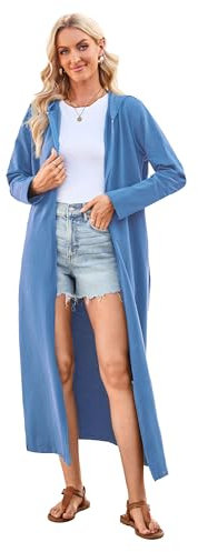 VOGMATE Damen Morgenmantel Reißverschluss Leichter Lang Bademantel mit Kapuze Baumwolle Kuschelig Hausmantel Dünn Hoodies und Sweatshirts BlauL