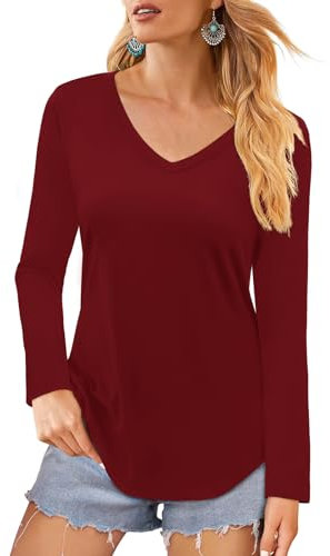 Elesomo Women Long Sleeve Shirts V Neck Cotton Tops Casual Tshirts Tees, Burgundy 20